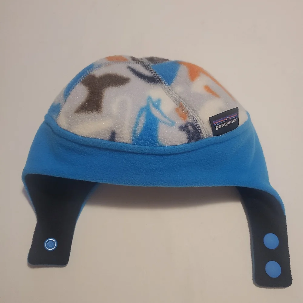 Patagonia Kids Winter Hat size 0-3 months Blue Chin Snap Synchilla Fleece